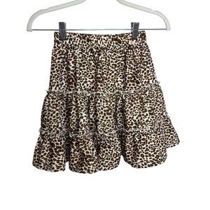 SHEIN Skirt Womens Size XS Tan Black Leopard Print Cottagecore Tiered Ruffles